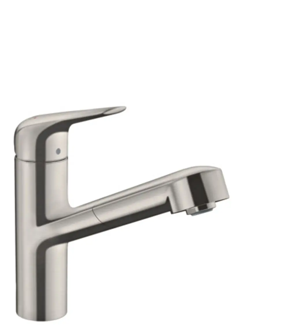 Spültischmischer in Edelstahl-Optik mit einem Ausziehauslauf und einem Hebel für die Temperatur- und Mengenregulierung, hergestellt von Hansgrohe.
